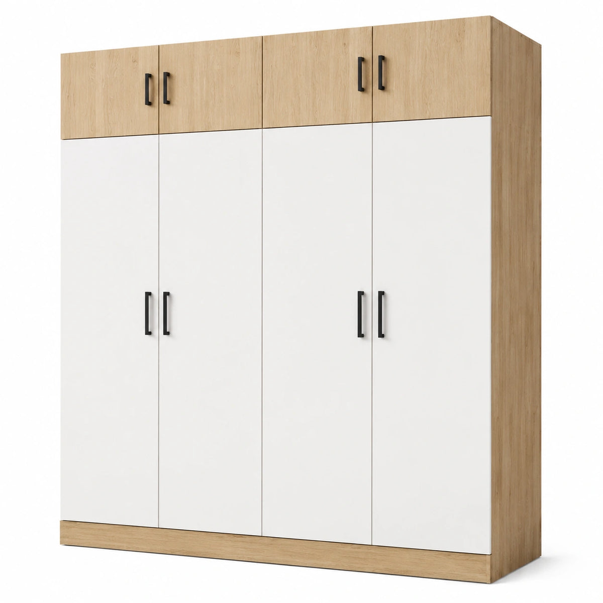 Armadio moderno a 8 ante, 200 × 55 × 220 cm, bianco e rovere naturale con maniglie nere