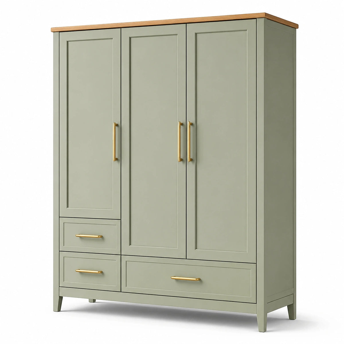 Armadio a 3 ante e 3 cassetti verde salvia, marrone naturale e oro, 150 × 55 × 200 cm