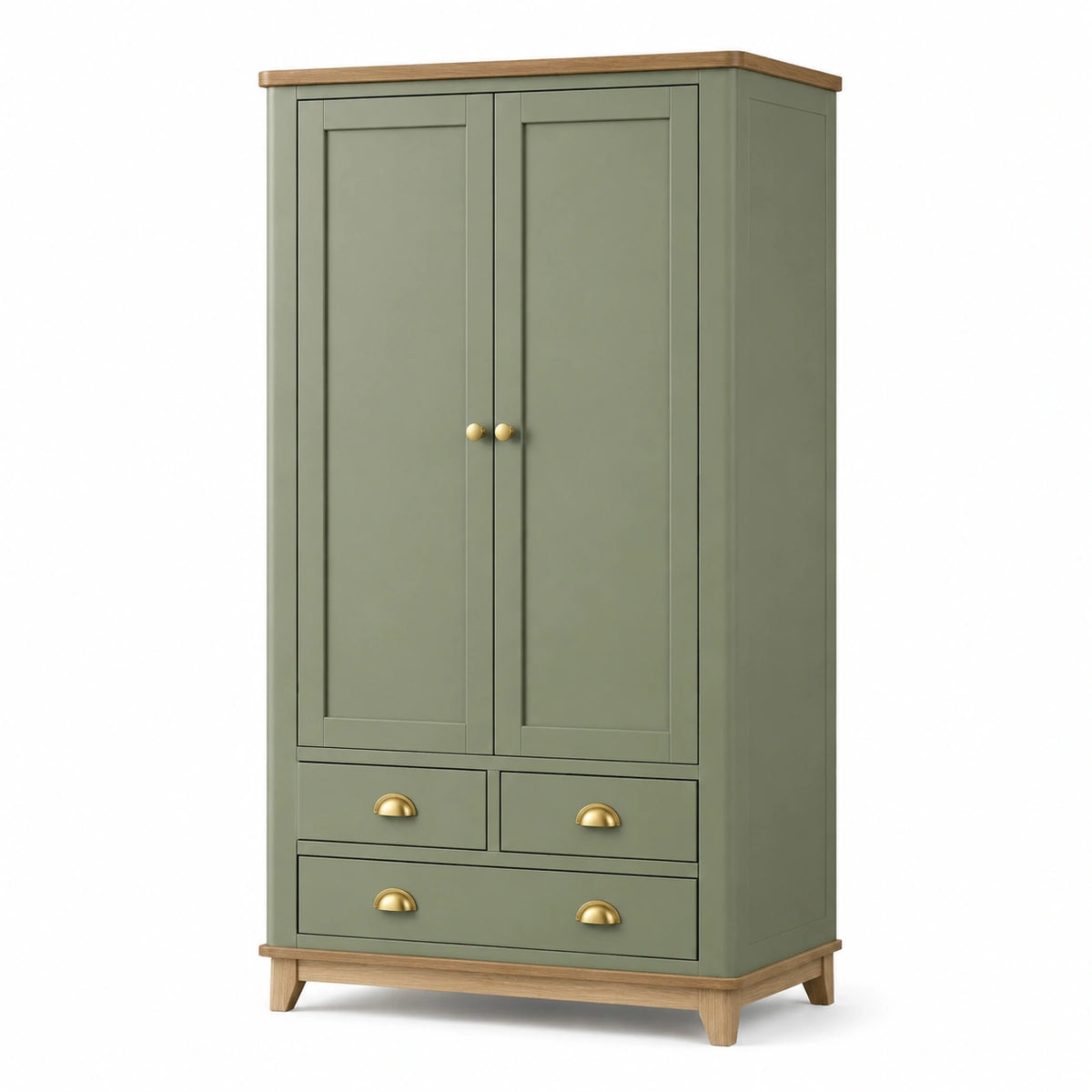 Armadio verde salvia 100 × 55 × 190 cm con 2 ante, 3 cassetti e dettagli in legno naturale e ottone