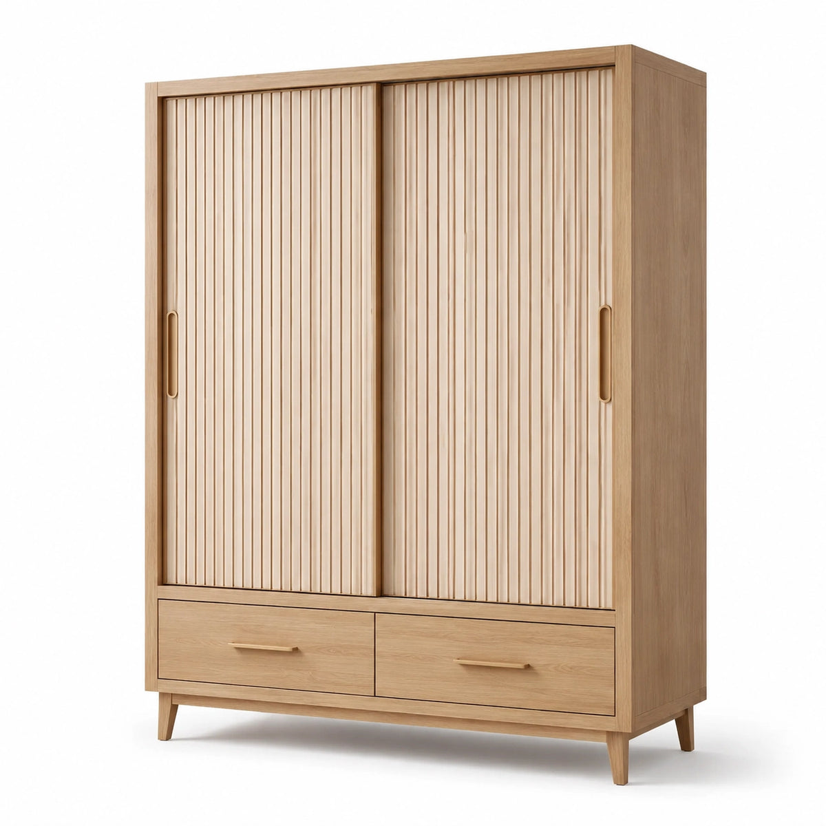 Armadio effetto rovere naturale con 2 ante scorrevoli scanalate e 2 cassetti, 120 x 55 x 180 cm