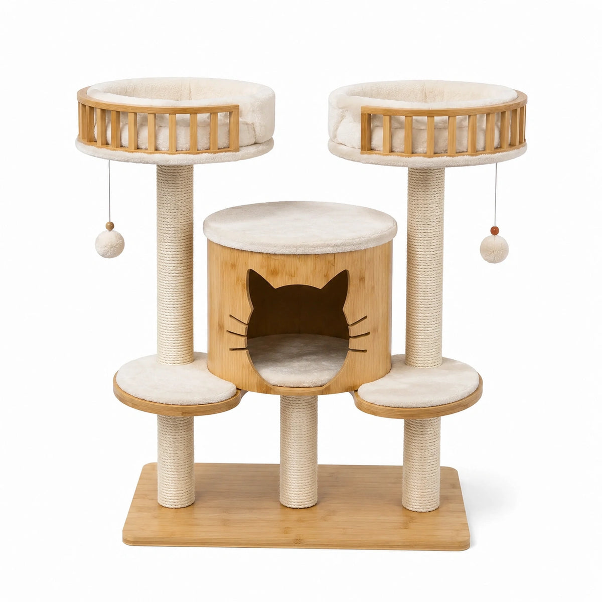 Tiragraffi per gatti multilivello 110 × 55 × 130 cm in legno, sisal e peluche, naturale, beige e crema, con cuccia
