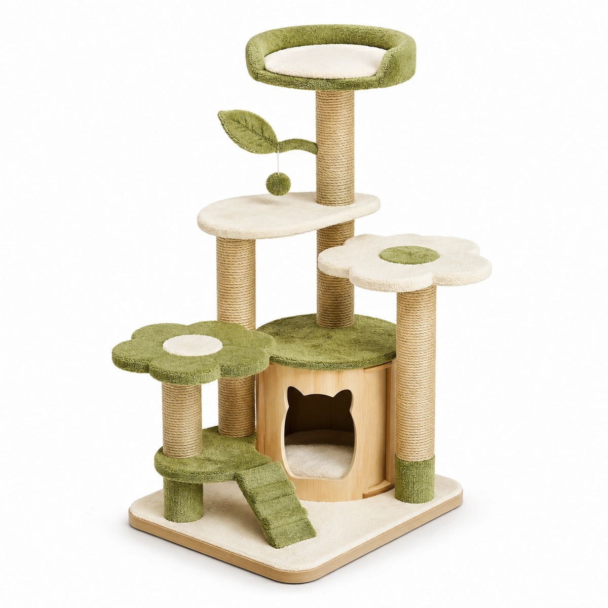 Albero tiragraffi multilivello con cuccia e piattaforme, 80 × 60 × 140 cm, verde, crema e beige
