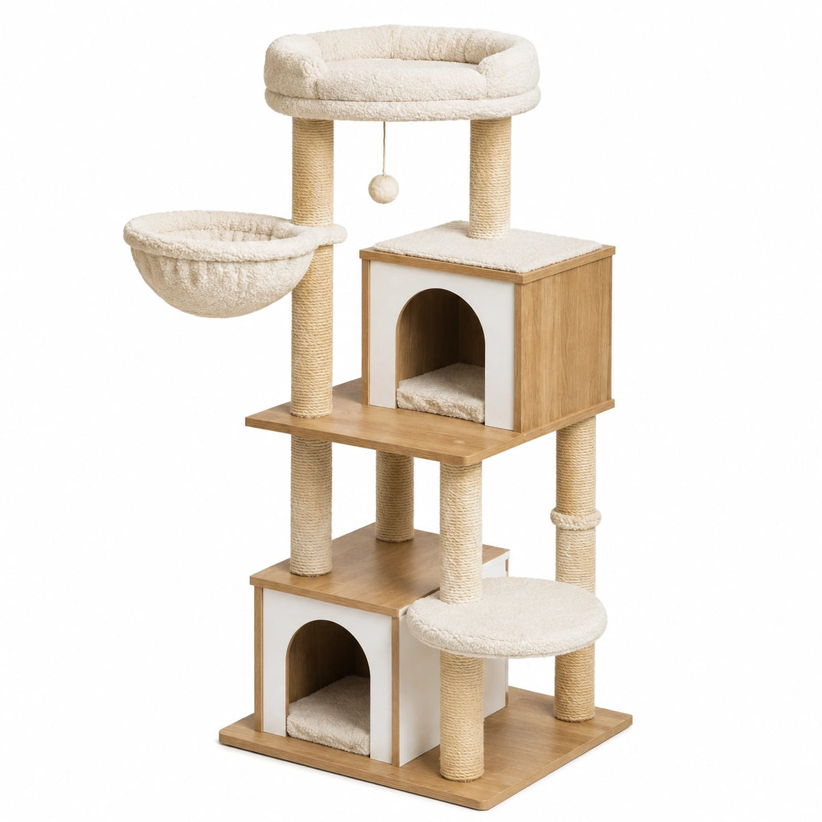 Tiragraffi multilivello 60 × 60 × 170 cm in legno, sisal e peluche beige, crema e marrone chiaro con 2 cucce e amaca