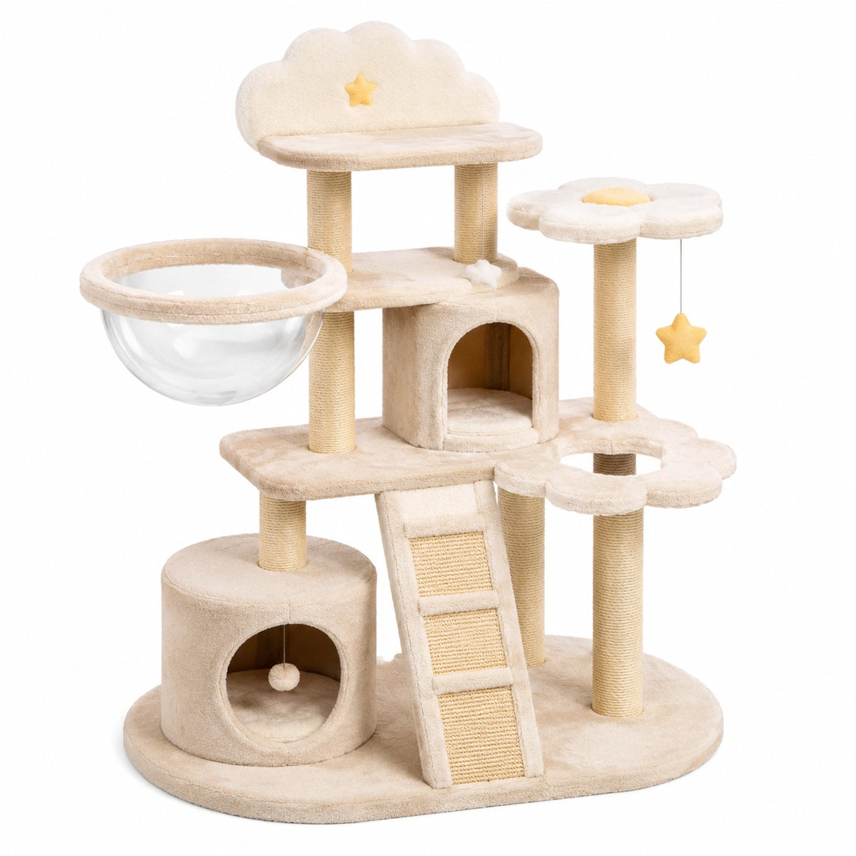 Albero tiragraffi beige 135 x 70 x 145 cm con cuccette, piattaforme, pali in sisal e amaca trasparente