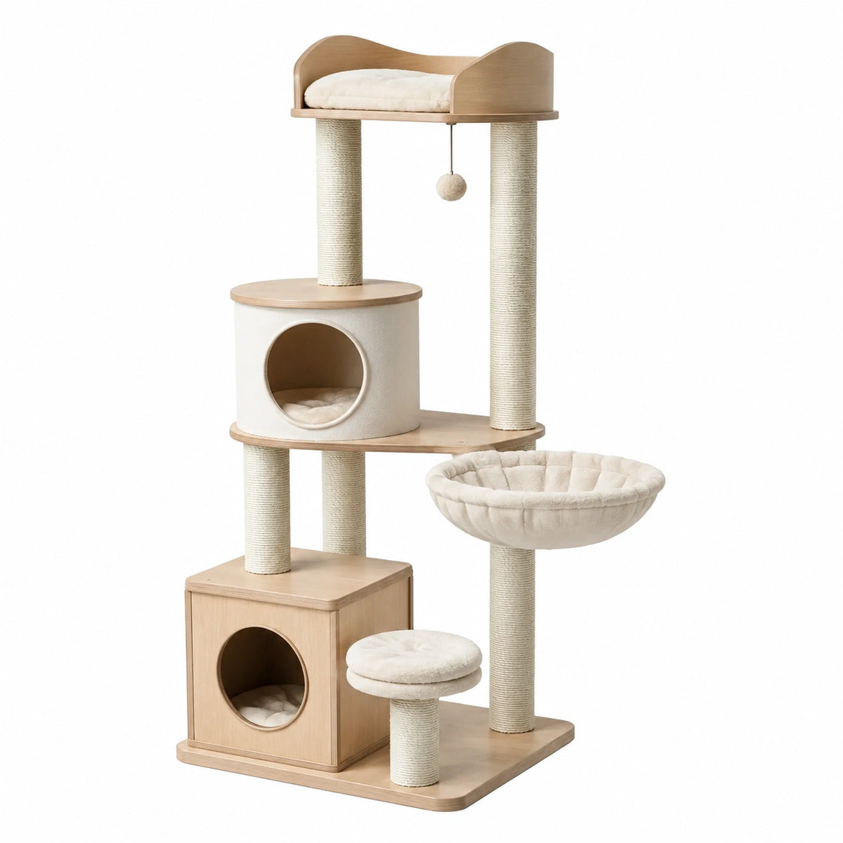 Albero tiragraffi multilivello 70 × 48 × 158 cm in legno naturale, beige e sisal con cucce e piattaforme