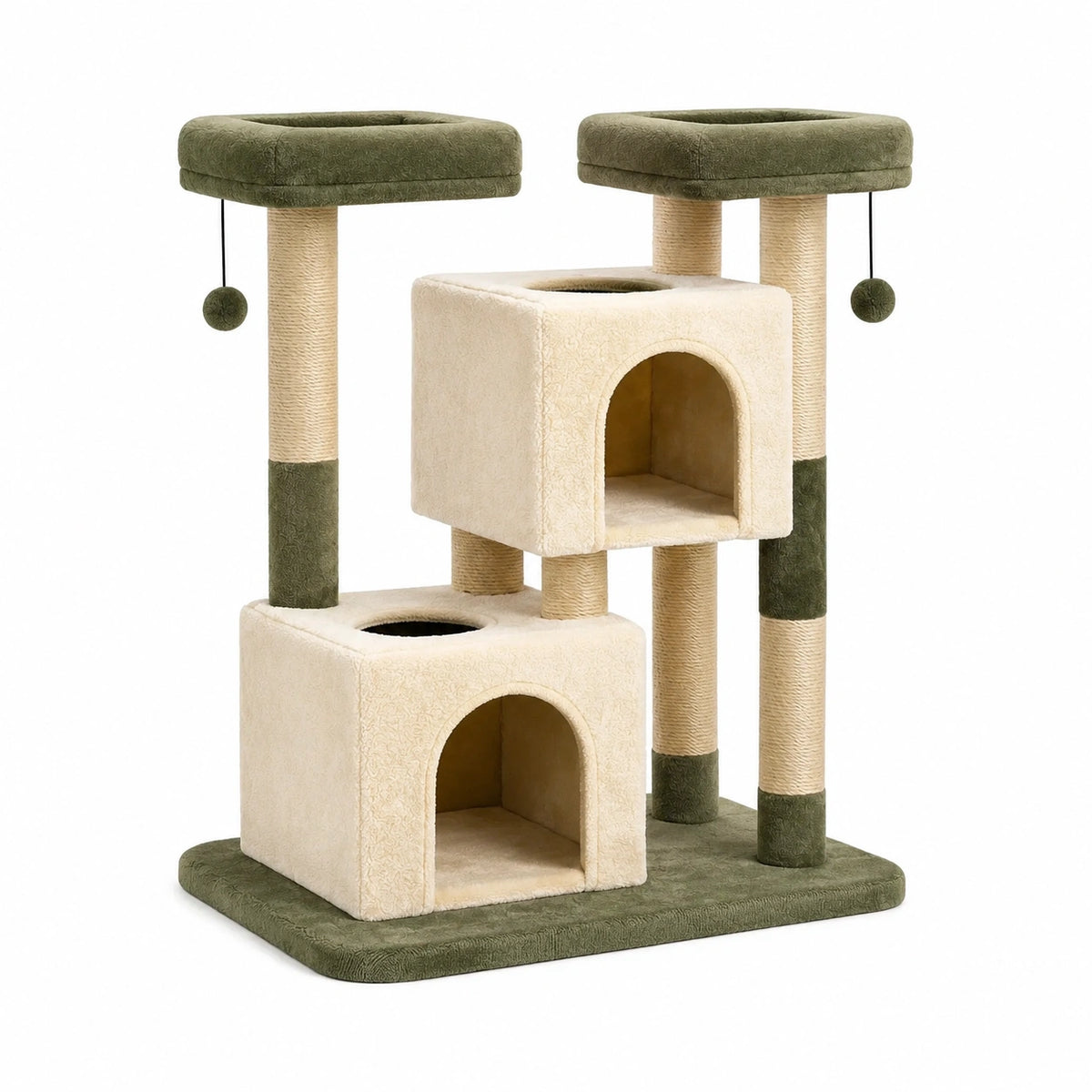 Tiragraffi multilivello 90 × 50 × 130 cm con 2 cucce, 2 piattaforme e pali in sisal, verde oliva, crema e beige