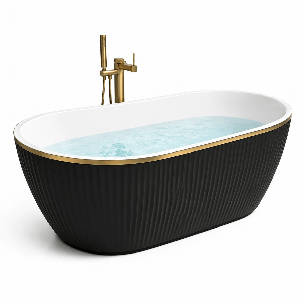 Vasca da bagno ovale indipendente in acrilico, bianca, nera e oro, 170 × 80 × 60 cm