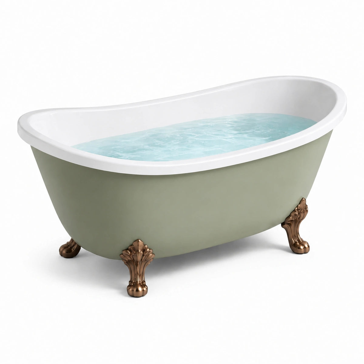 Vasca da bagno a libera installazione in acrilico verde salvia e bianco con piedini decorativi, 150 × 75 × 70 cm