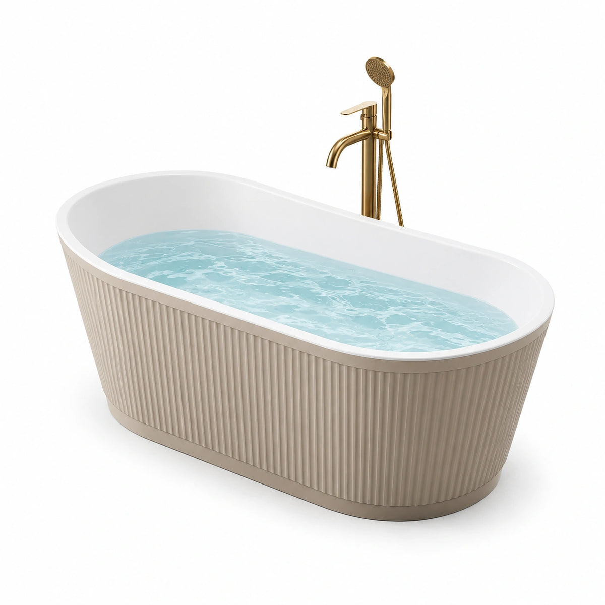 Vasca da bagno freestanding ovale in acrilico bianco e tortora, 170 × 80 × 58 cm, finitura scanalata