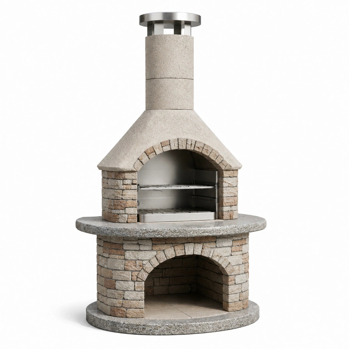 Barbecue da giardino in muratura beige, grigio e argento con camino e griglia regolabile, 120 × 75 × 240 cm