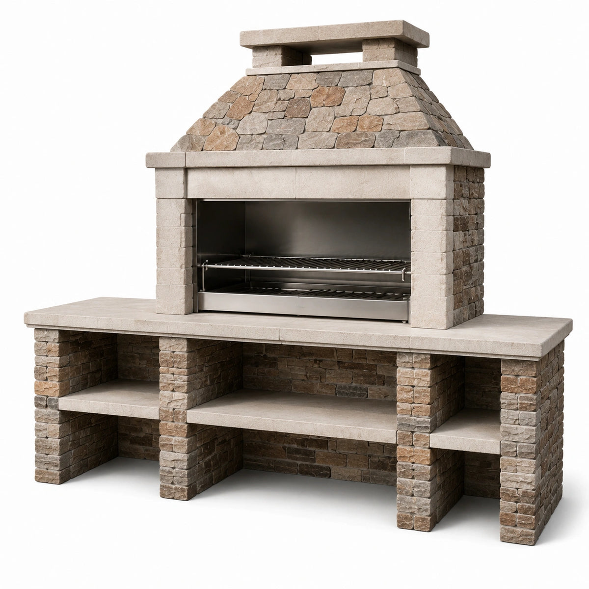 Barbecue da giardino in pietra beige, marrone e grigia con griglia in acciaio, piano di lavoro e comignolo, 220 × 70 × 210 cm