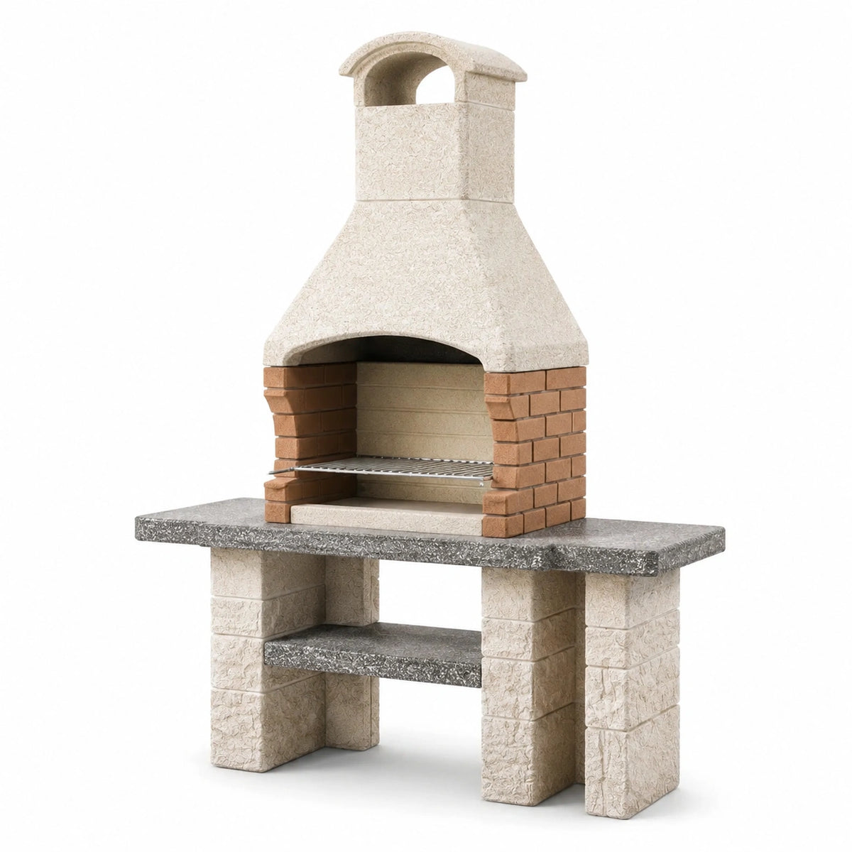 Barbecue da giardino in muratura beige, marrone e grigio, 160 × 60 × 220 cm, con cappa, griglia e piano di lavoro