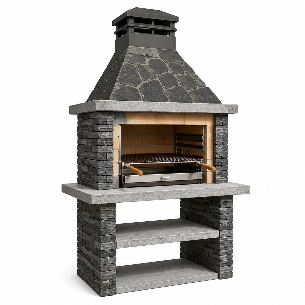 Barbecue da giardino in pietra grigia, antracite e beige con camino, griglia e ripiani, 110 × 65 × 220 cm