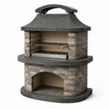 Barbecue da giardino in calcestruzzo grigio e pietra, 110 × 70 × 160 cm, con cappa e doppia griglia