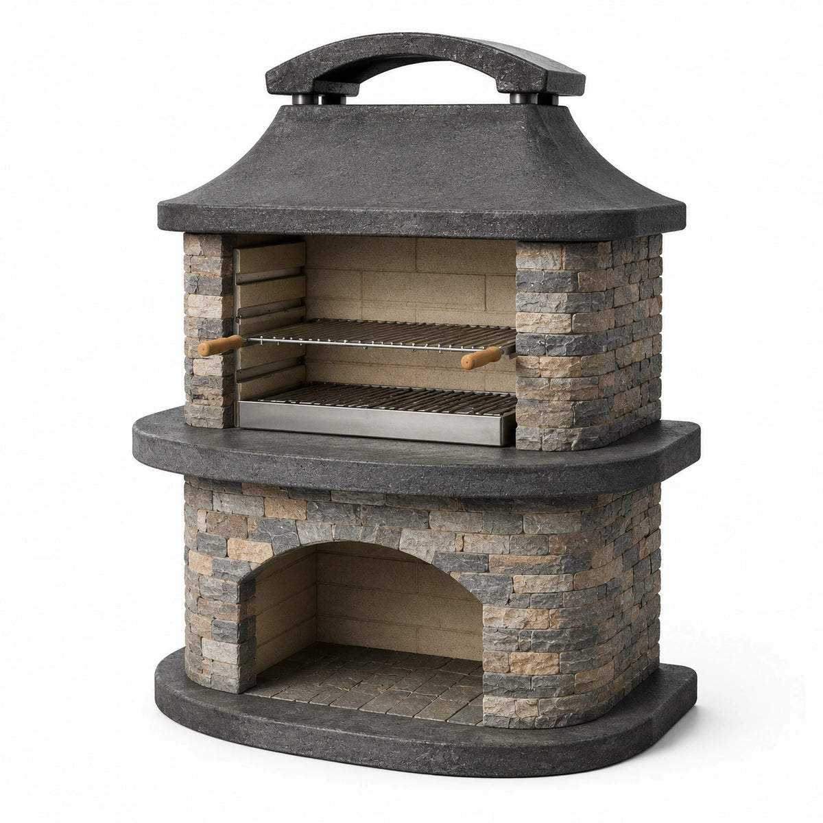 Barbecue da giardino in calcestruzzo grigio e pietra, 110 × 70 × 160 cm, con cappa e doppia griglia