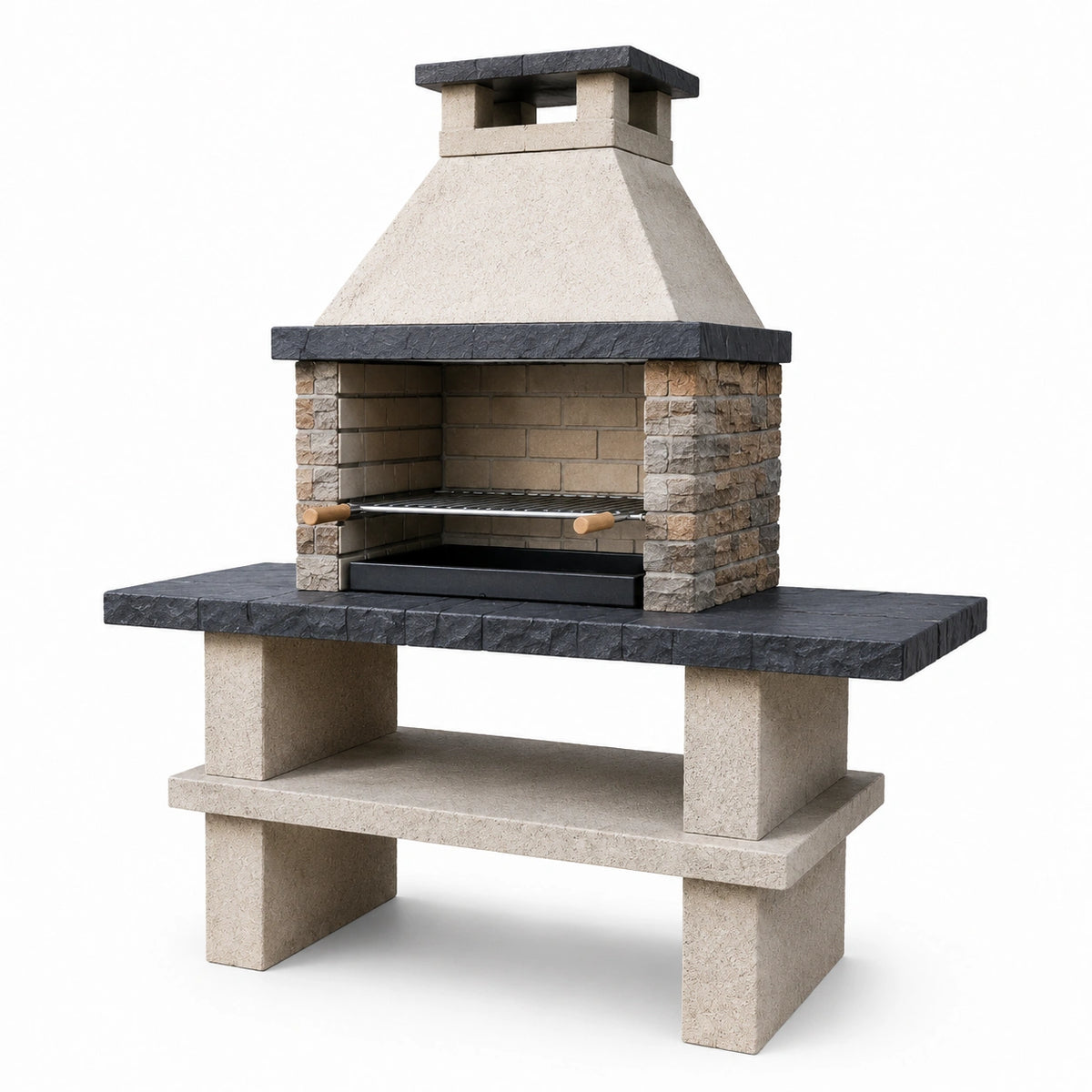 Barbecue da giardino in cemento refrattario beige, antracite e marrone con camino e piani laterali, 180 × 70 × 220 cm