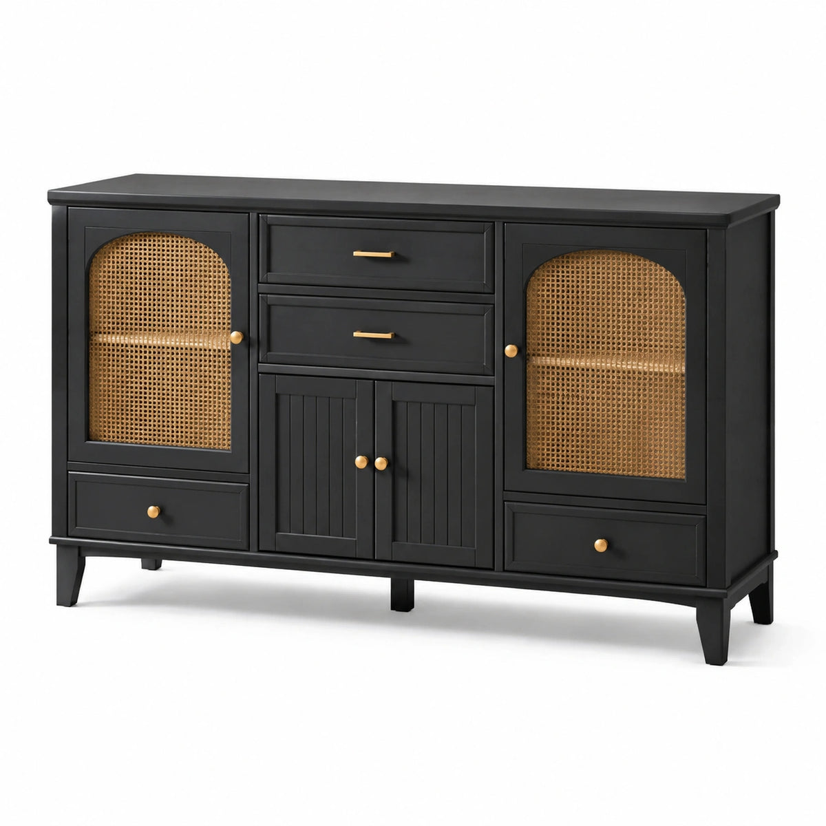 Credenza in legno e rattan nero e naturale, 160 × 40 × 90 cm, con 4 ante e 4 cassetti