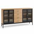 Credenza contemporanea 180 × 40 × 85 cm in rovere naturale e nero con 4 ante in vetro scanalato e 4 cassetti