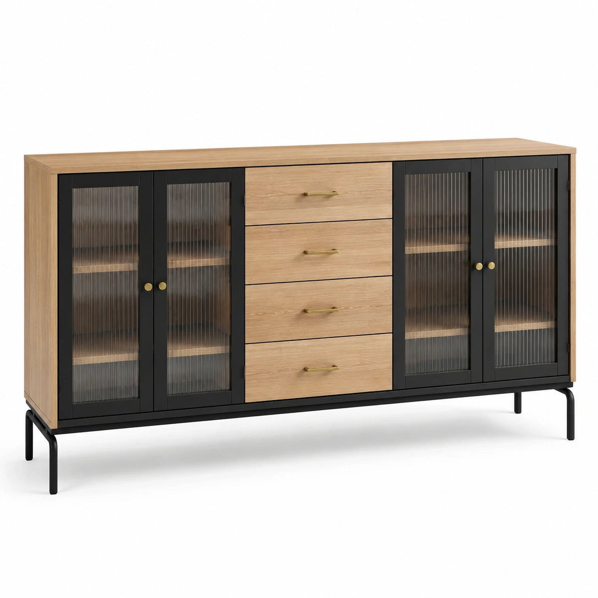 Credenza contemporanea 180 × 40 × 85 cm in rovere naturale e nero con 4 ante in vetro scanalato e 4 cassetti