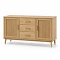 Credenza effetto rovere naturale e oro, 150 × 40 × 85 cm, con 3 cassetti e 2 ante scanalate
