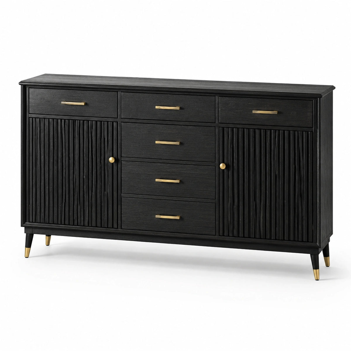 Credenza nera e oro 160 × 40 × 90 cm con 6 cassetti, 2 ante scanalate e 2 ripiani