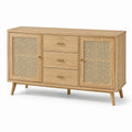 Credenza in legno naturale e rattan, 140 × 40 × 80 cm, 3 cassetti e 2 ante, stile scandinavo