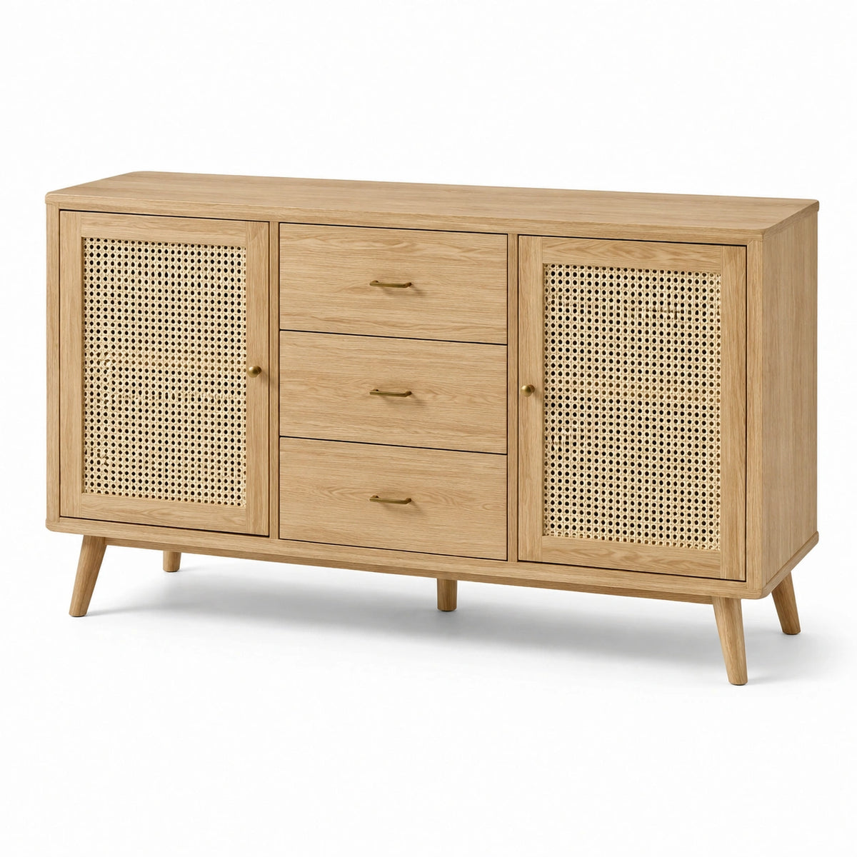 Credenza in legno naturale e rattan, 140 × 40 × 80 cm, 3 cassetti e 2 ante, stile scandinavo