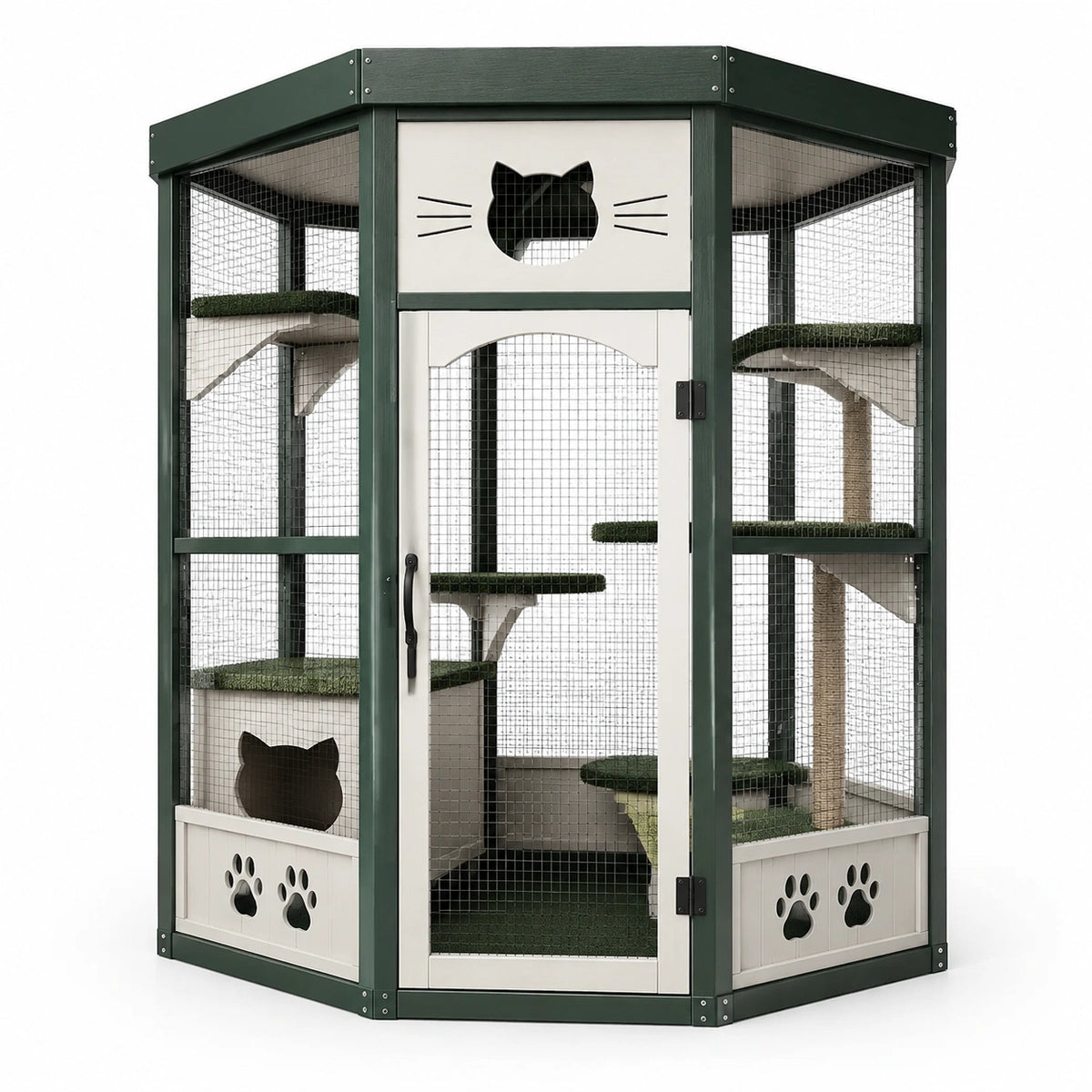 Recinto per gatti da esterno 120 × 120 × 180 cm verde scuro e bianco con rete metallica, piattaforme e tiragraffi
