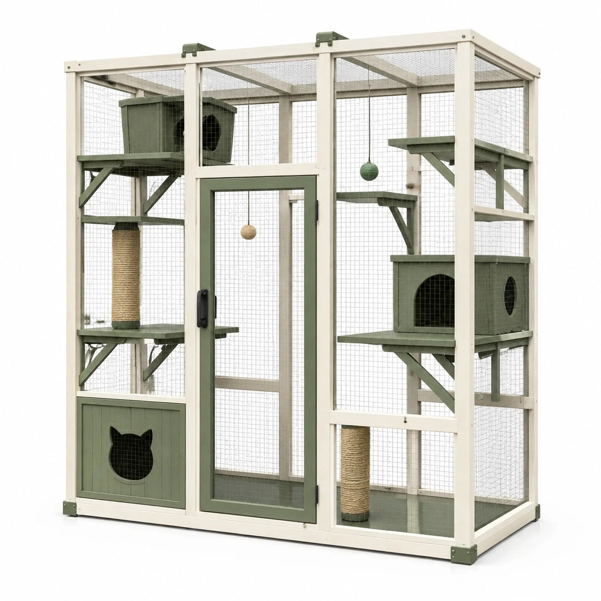 Recinto da esterno per gatti in legno e rete metallica 180 × 100 × 200 cm, bianco e verde, con casette, piattaforme e tiragraffi