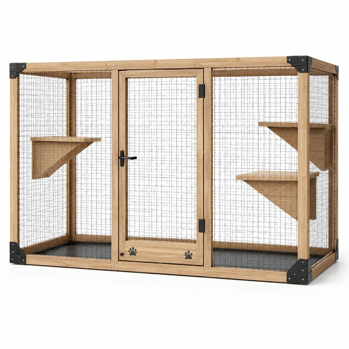 Recinto per gatti in legno naturale e rete metallica con porta e 3 ripiani, 180 × 80 × 120 cm