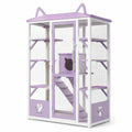 Recinto multilivello per gatti in legno e rete metallica, bianco e viola, 110 × 76 × 180 cm