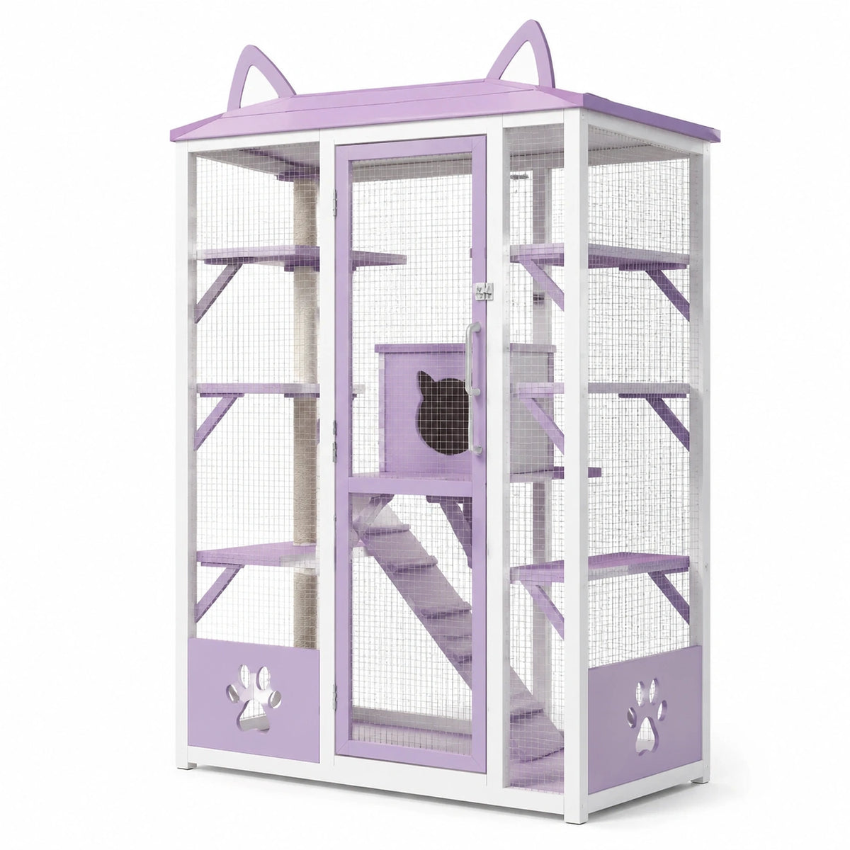 Recinto multilivello per gatti in legno e rete metallica, bianco e viola, 110 × 76 × 180 cm