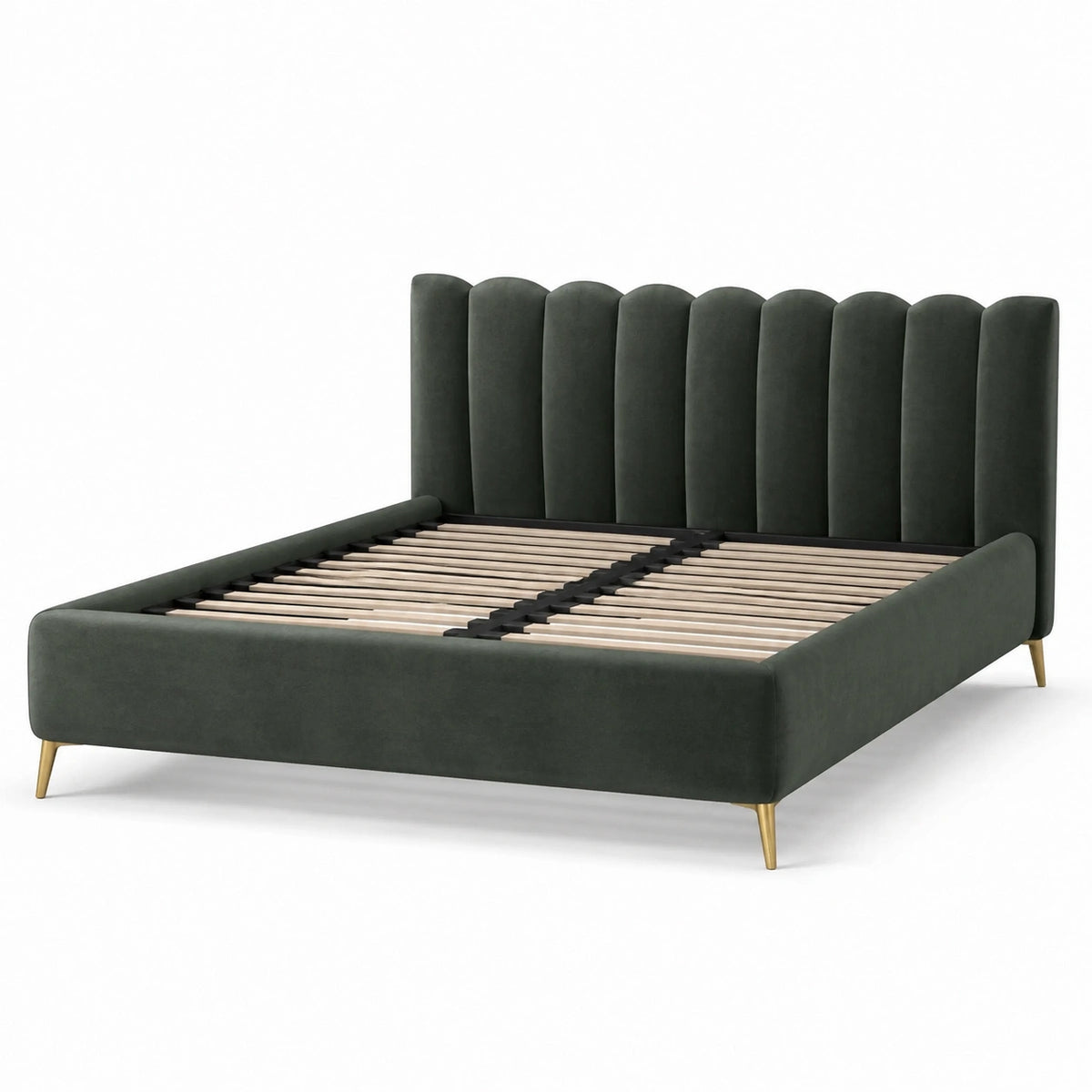 Letto matrimoniale imbottito 173 × 218 × 112 cm in velluto verde scuro, per materasso 160 × 200 cm, con testiera e rete a doghe