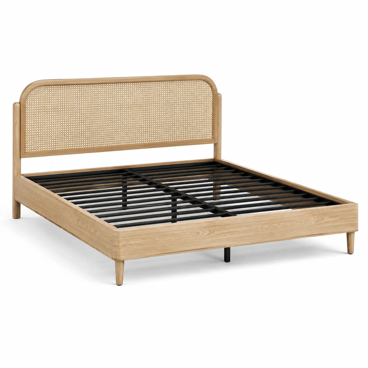 Letto matrimoniale 160 × 200 cm in legno naturale e rattan con testiera intrecciata e rete a doghe