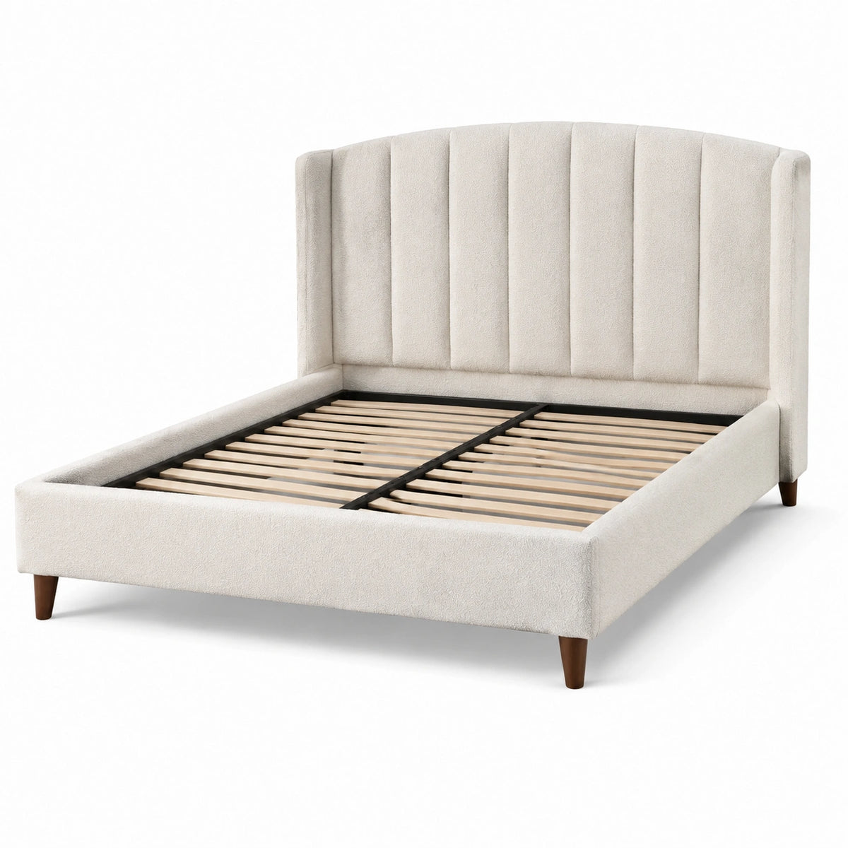 Letto matrimoniale imbottito avorio 160 × 200 cm in tessuto effetto bouclé con testiera scanalata e rete a doghe