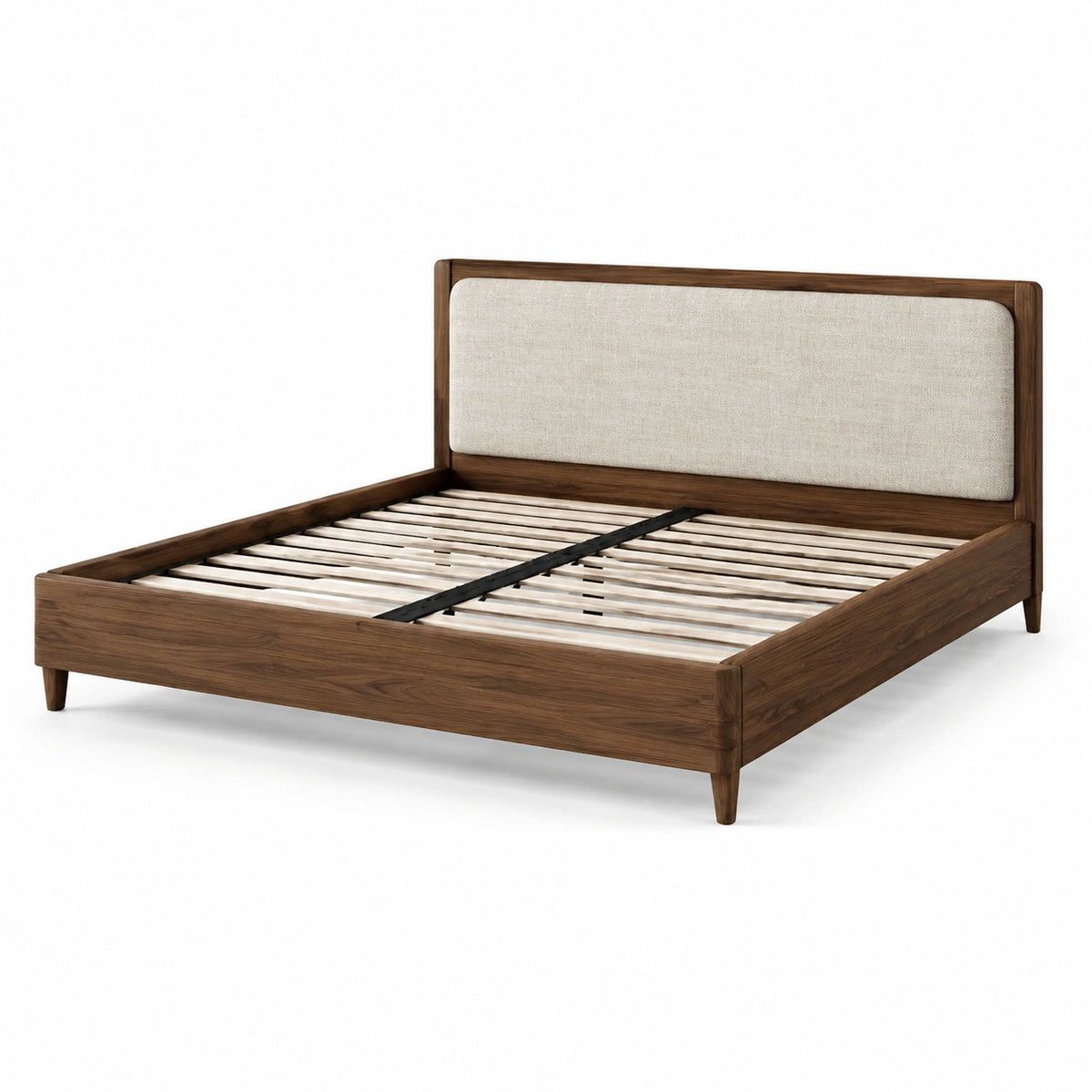 Letto matrimoniale 160 × 200 cm in legno marrone con testiera imbottita beige e rete a doghe