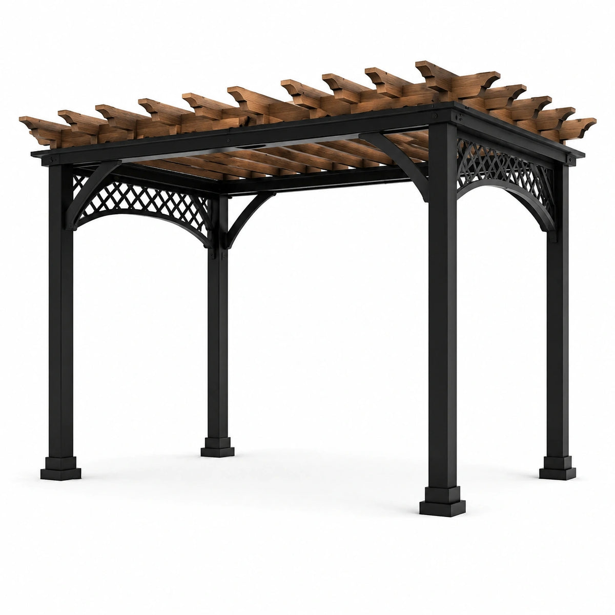 Pergola da giardino 300 × 300 × 250 cm in metallo nero con lamelle marroni effetto legno