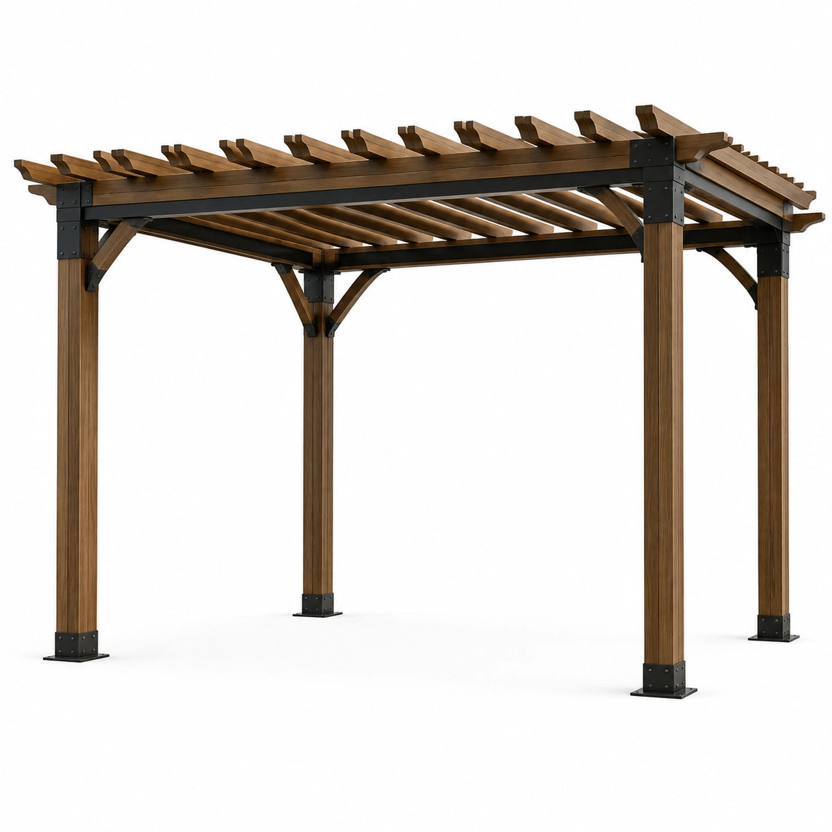 Pergola da giardino in legno marrone e metallo nero con tetto a lamelle, 400 × 300 × 250 cm