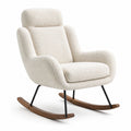 Poltrona a dondolo moderna in bouclé bianco crema, 76 × 95 × 98 cm, con pattini in legno color noce