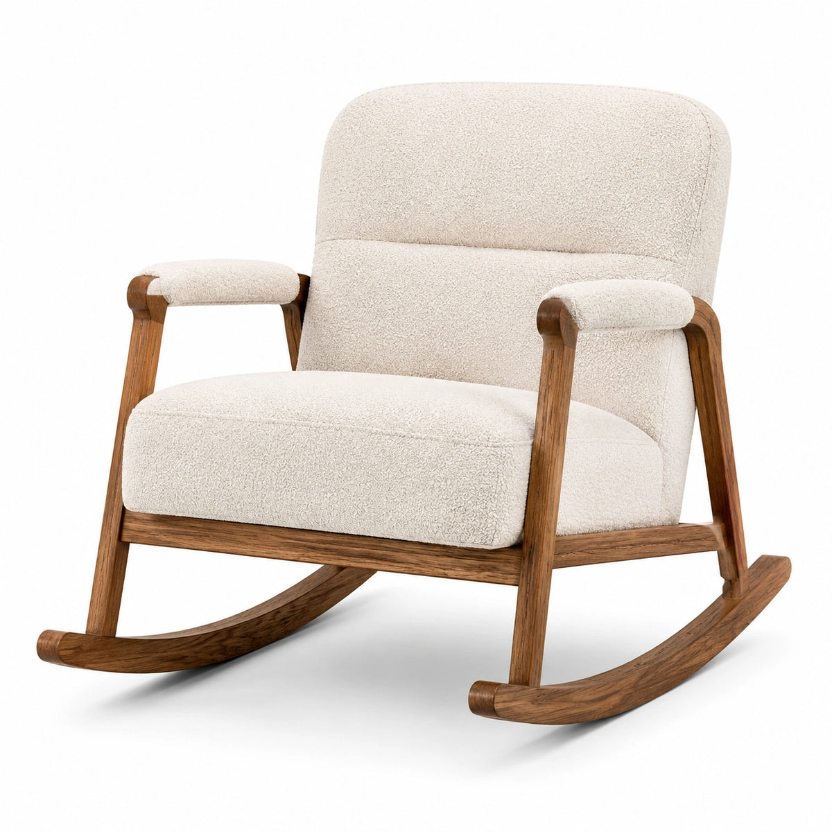 Poltrona a dondolo moderna in legno e tessuto bouclé crema con braccioli, 72 × 92 × 95 cm