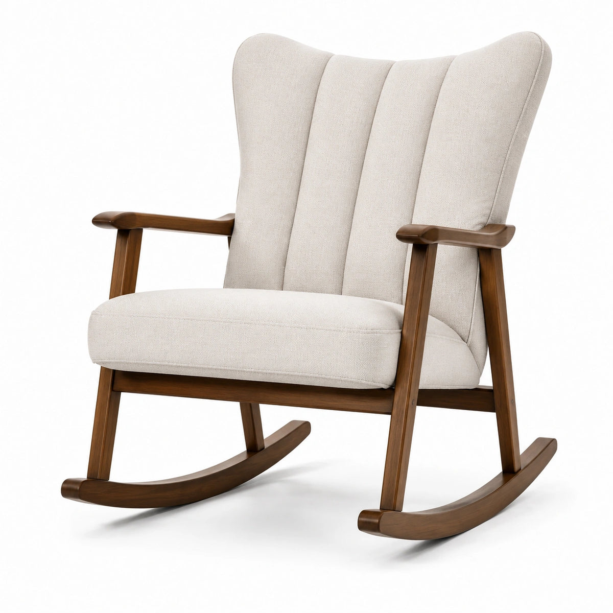 Poltrona a dondolo retrò in legno marrone e tessuto beige, 70 × 90 × 105 cm, con schienale alto e braccioli