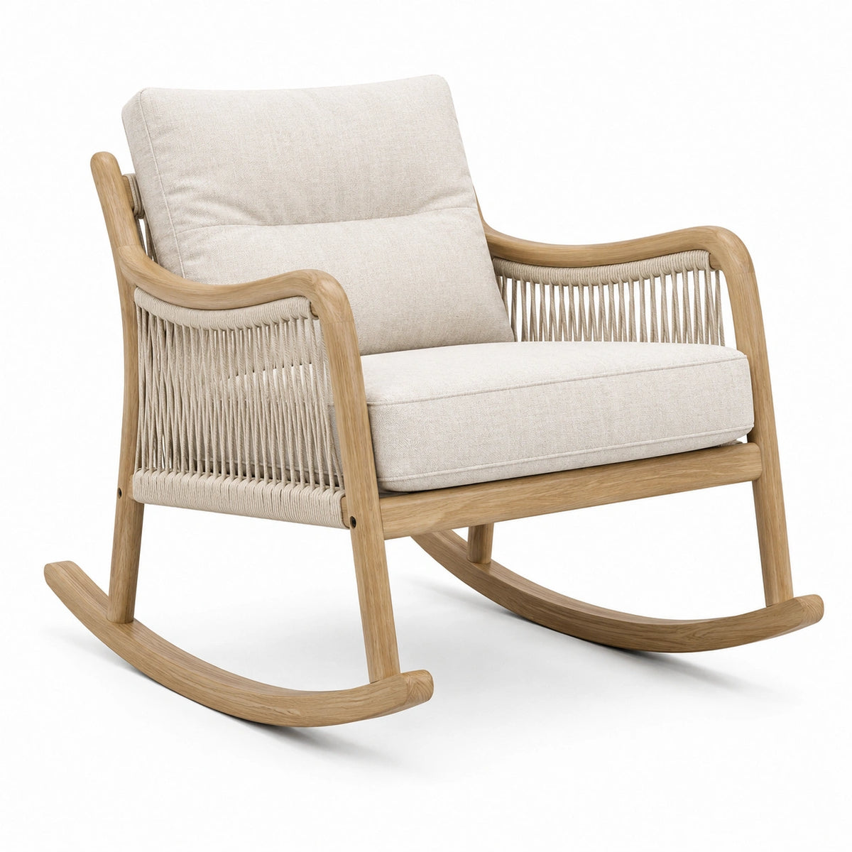 Poltrona a dondolo in legno con corda intrecciata e imbottitura beige, 82 × 96 × 90 cm
