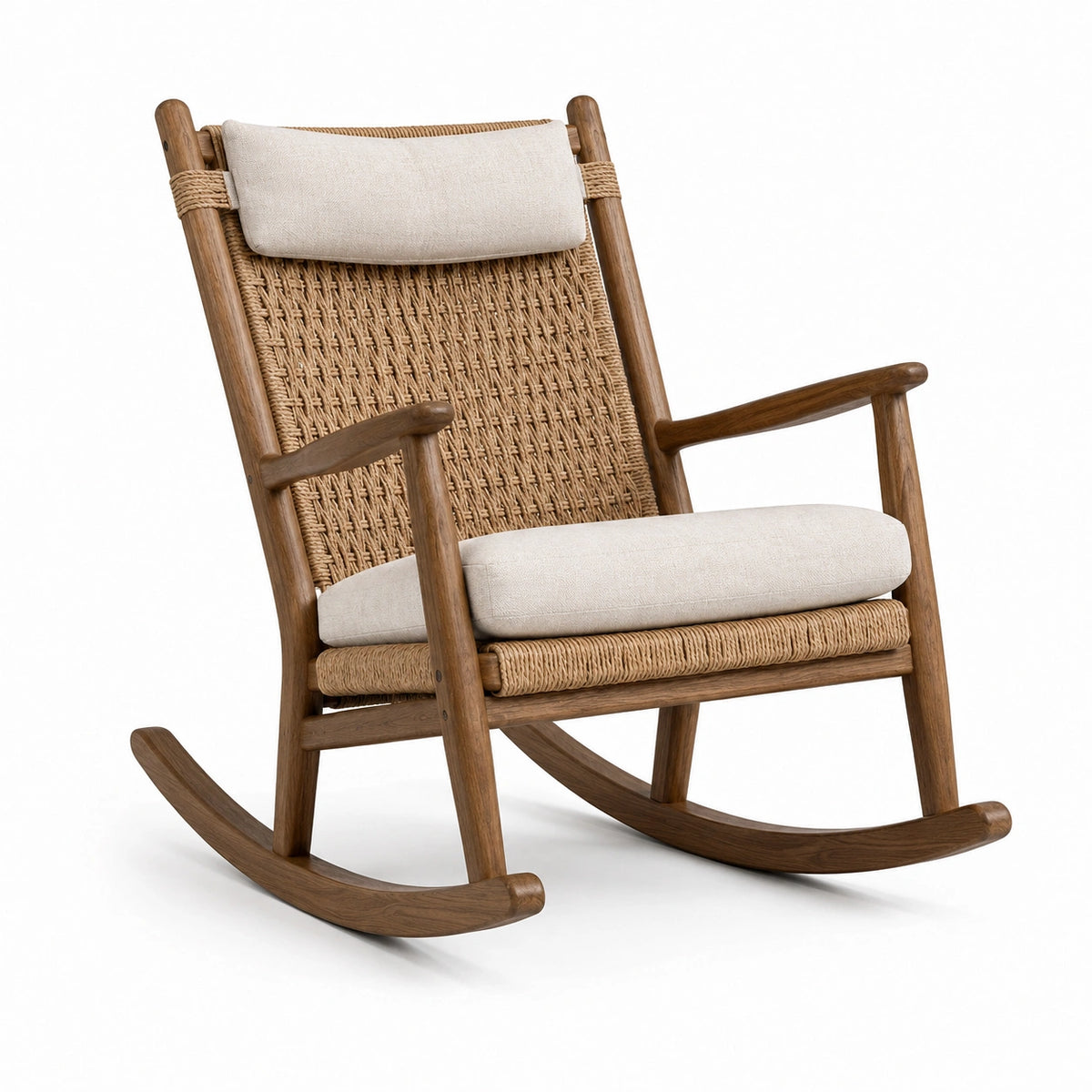 Sedia a dondolo in legno marrone con corda intrecciata e cuscini beige, 70 × 90 × 95 cm