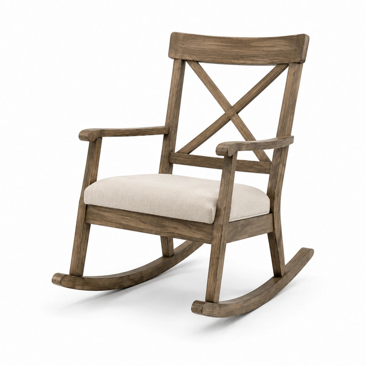 Sedia a dondolo in legno marrone con seduta beige, braccioli e schienale alto, 69 x 86 x 105 cm