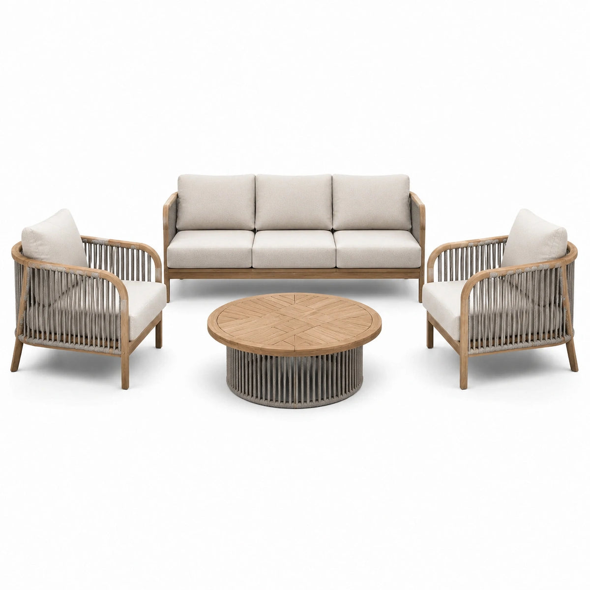 Set da giardino beige e grigio, divano 190 × 80 × 80 cm, 2 poltrone 78 × 80 × 78 cm e tavolino Ø 90 × 38 cm