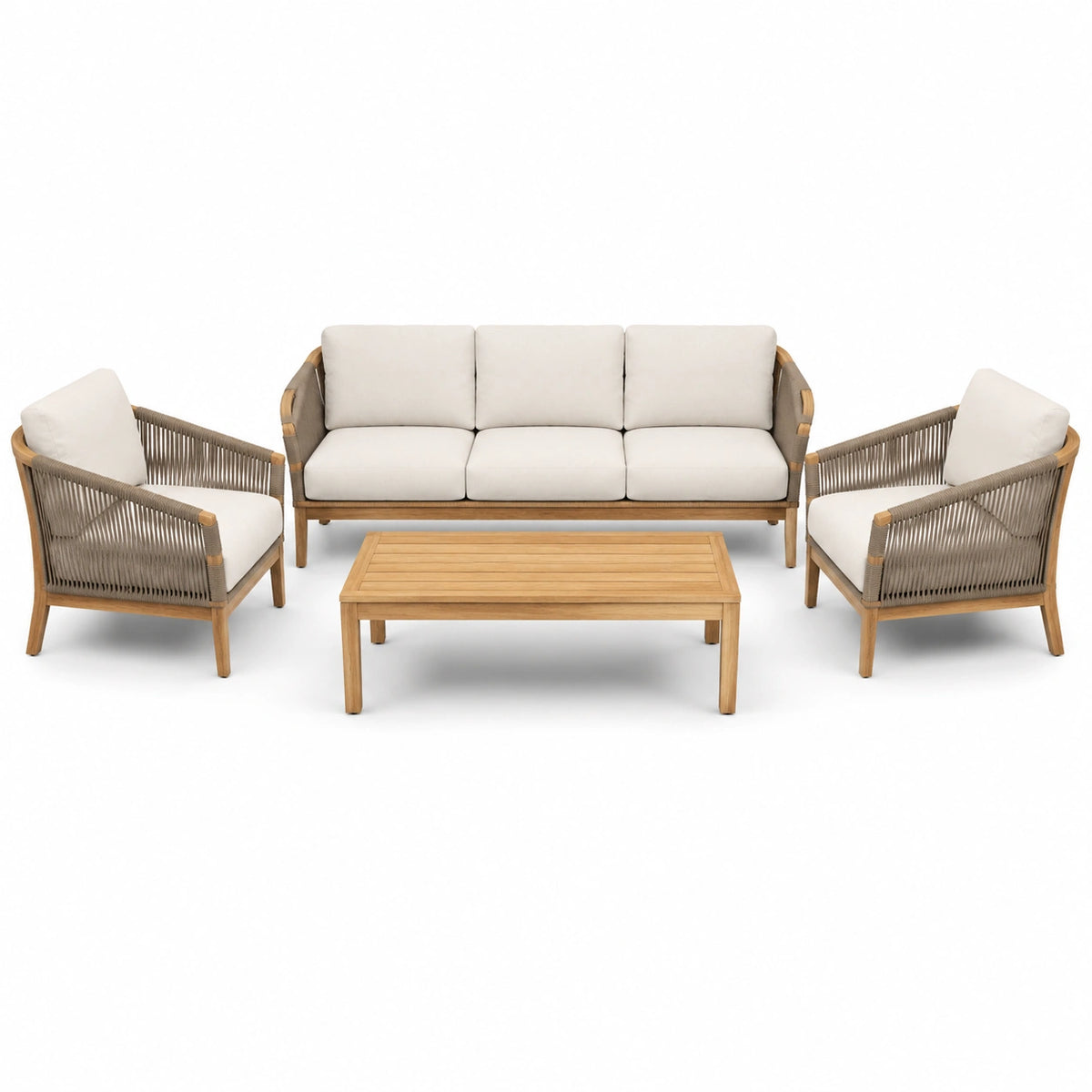 Set da giardino 4 pezzi con divano a 3 posti 204 × 82 × 78 cm, 2 poltrone 76 × 82 × 78 cm e tavolino 110 × 60 × 40 cm, beige, marrone naturale e tortora