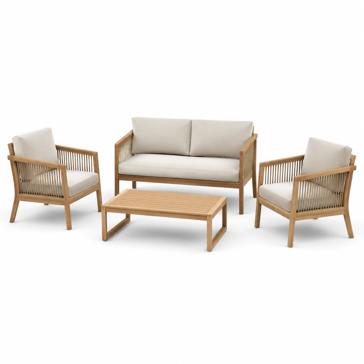 Set da esterno 4 pezzi marrone naturale e beige con divano 128 × 72 × 78 cm, 2 poltrone 68 × 72 × 76 cm e tavolino 90 × 55 × 38 cm