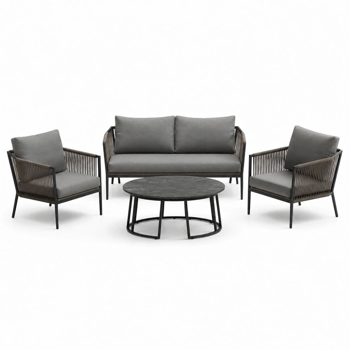 Set da giardino 4 pezzi grigio, nero e marrone con divano 128 × 72 × 78 cm, 2 poltrone 68 × 72 × 78 cm e tavolino Ø 80 × 38 cm