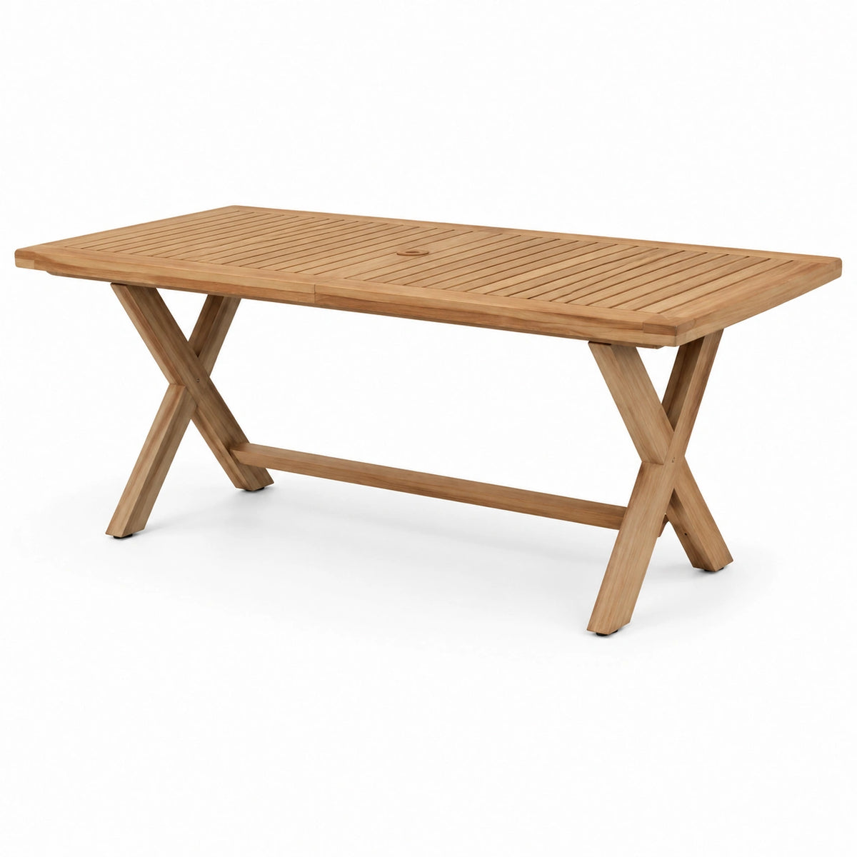 Tavolo da giardino rettangolare in legno marrone naturale con foro per ombrellone, 180 × 90 × 75 cm